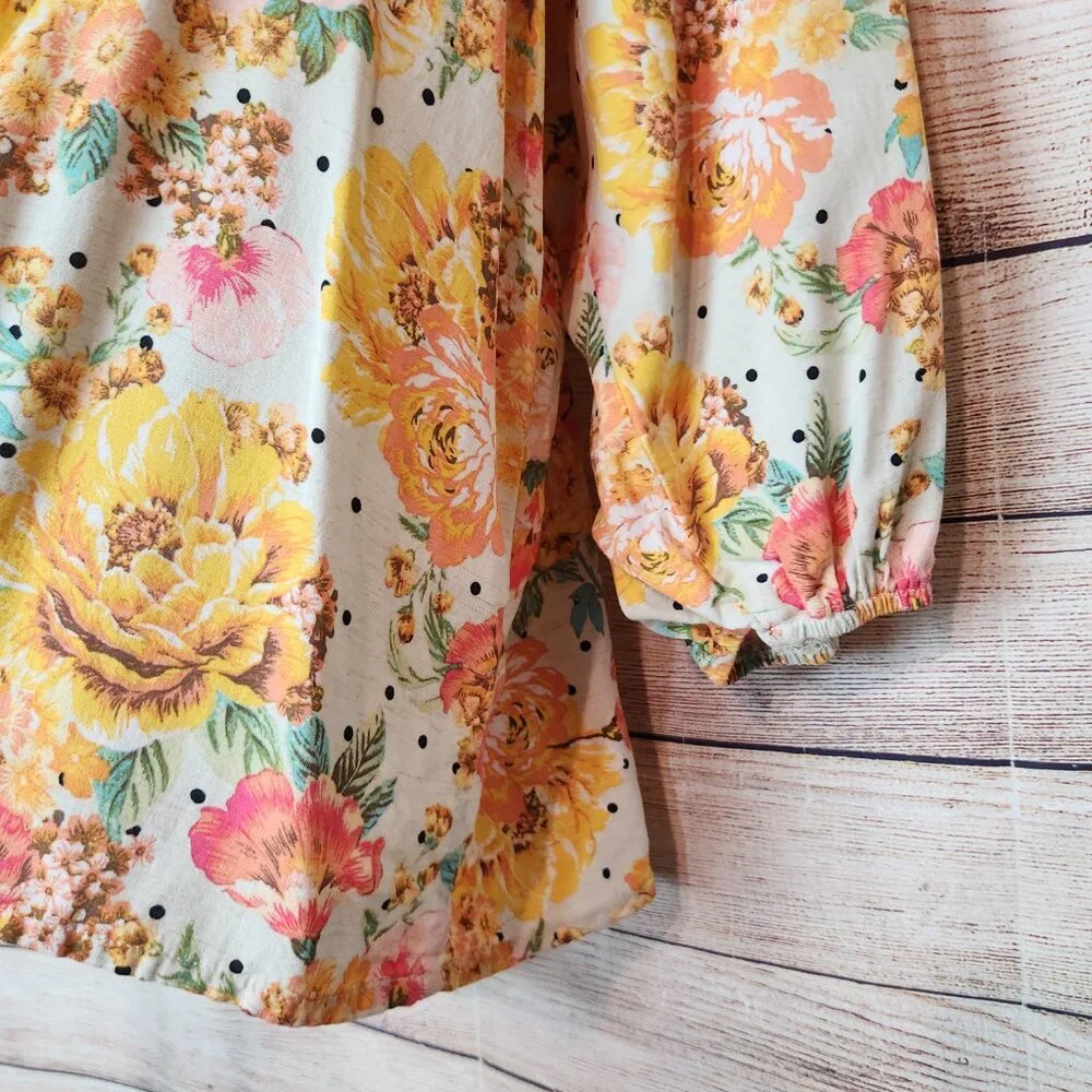 Anthropologie Fig & Flower Yellow Pink Linen Blend Floral Peasant Top Plus 3X - Picture 14 of 15